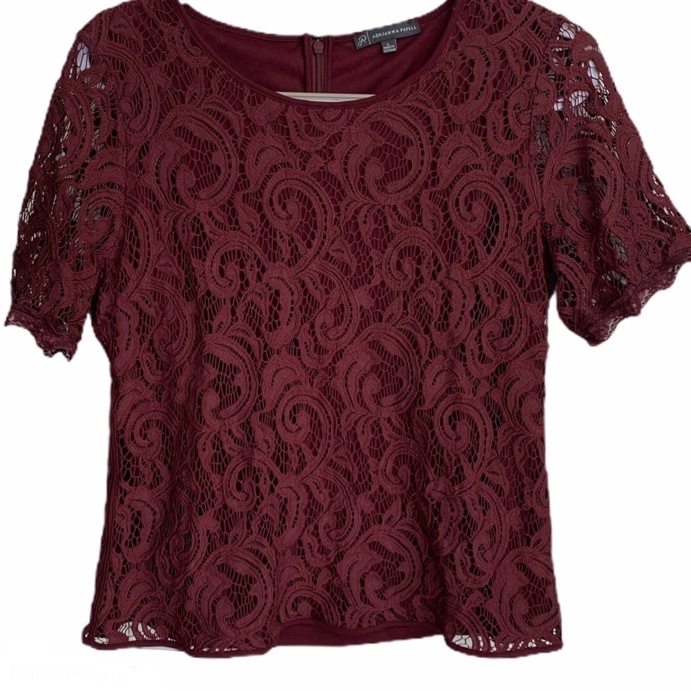 Adrianna Papell Wine Lace Short Sleeve Shirt Blouse Size Large